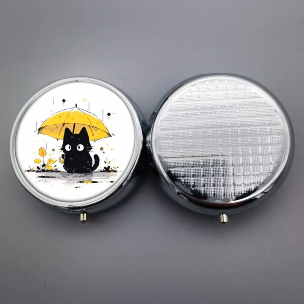 NIB Compact 3-Compartment Metal Pill Case with Black Cat Design - Picture 10 of 13